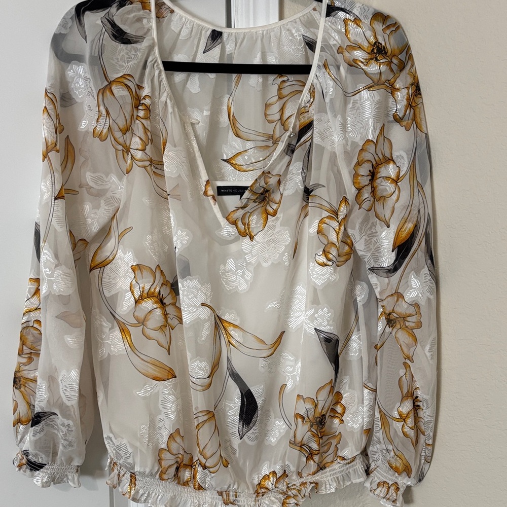 White House Black Market Sheer Floral Blouse with Gold and Black